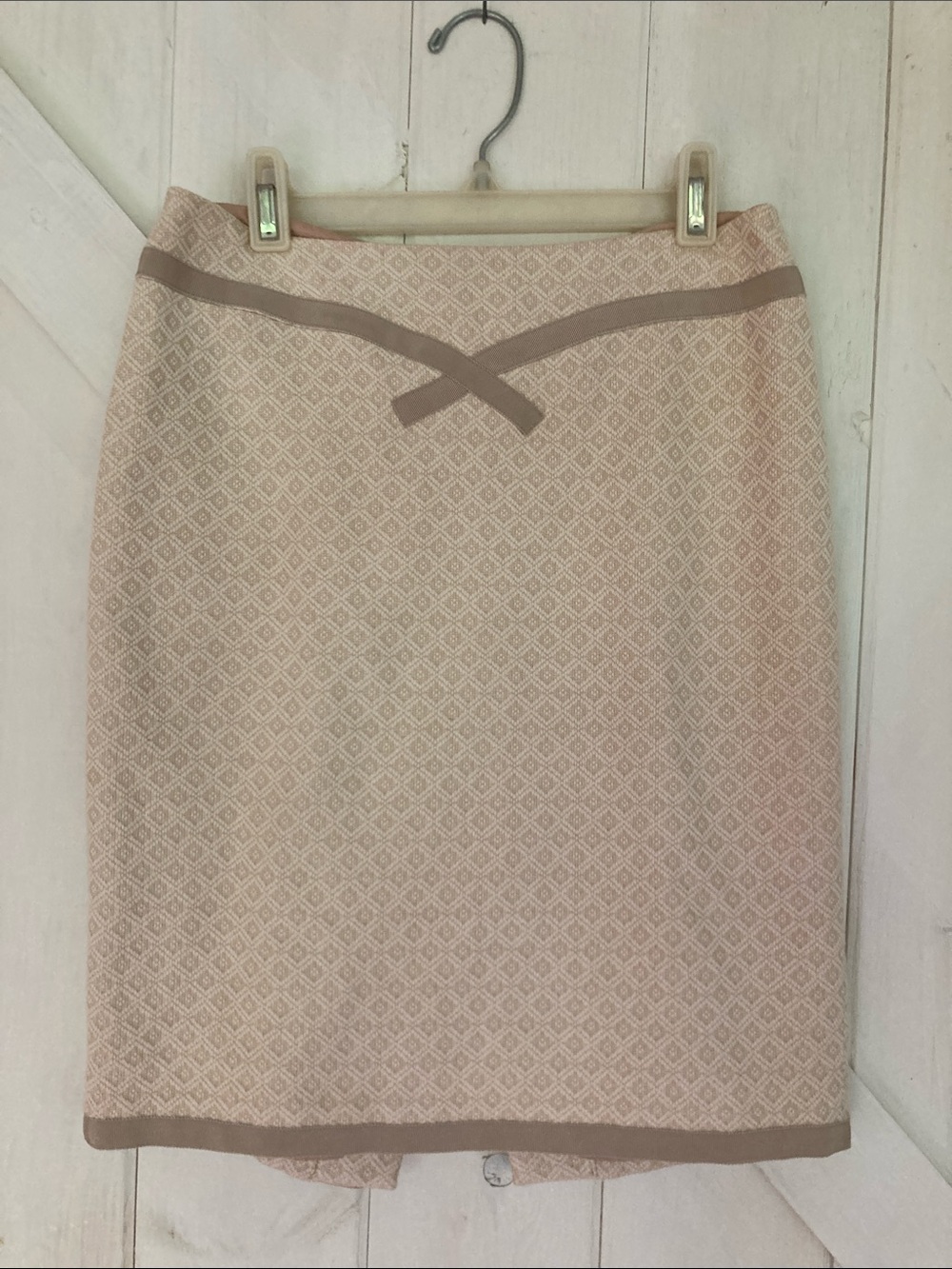 Nanette Lepore Blush Pink Diamond-Pattern Pencil Skirt with Tan Trim